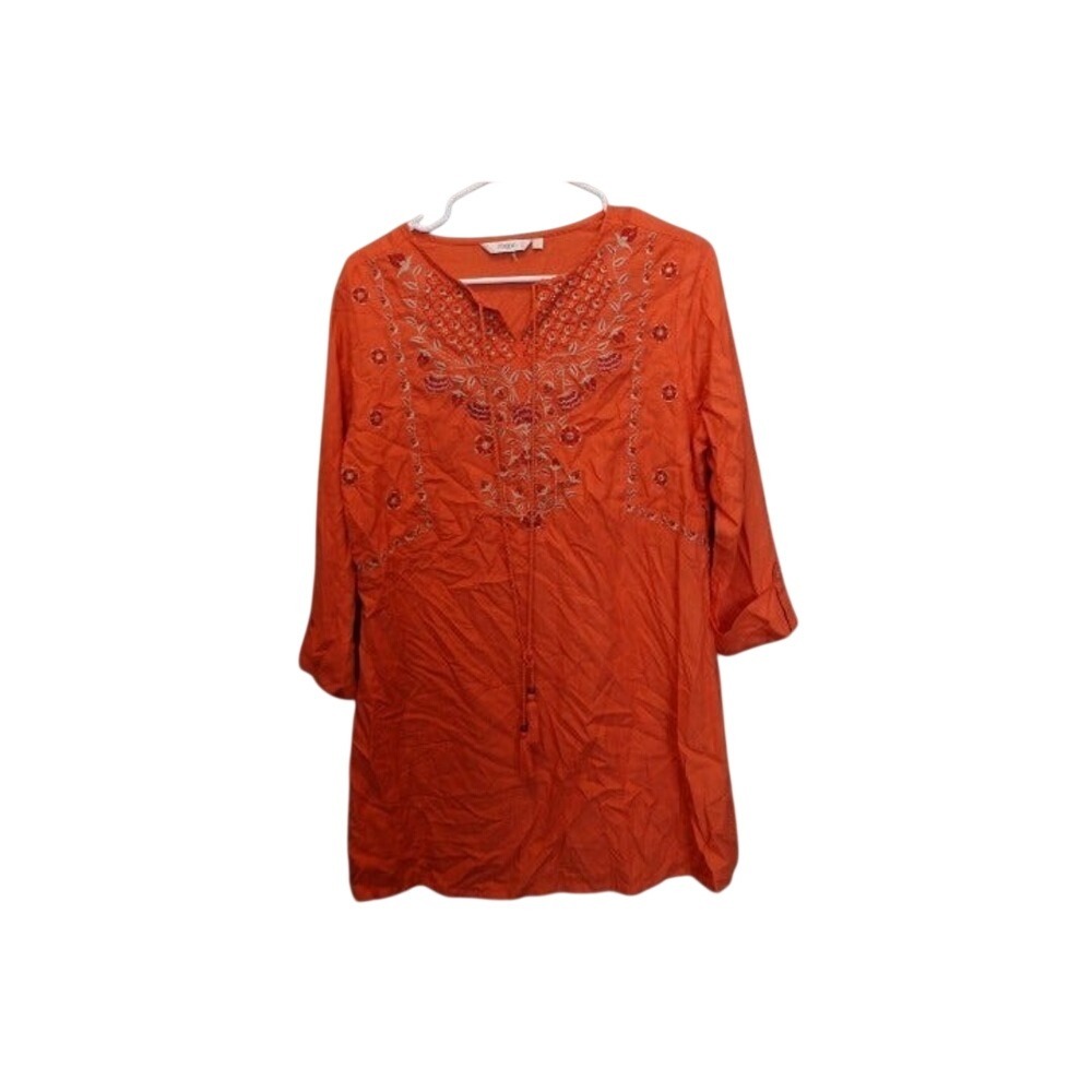 Max Womens Embroidered Tunic Top Boho Hippie Festival Orange 3/4 Sleeve Size L